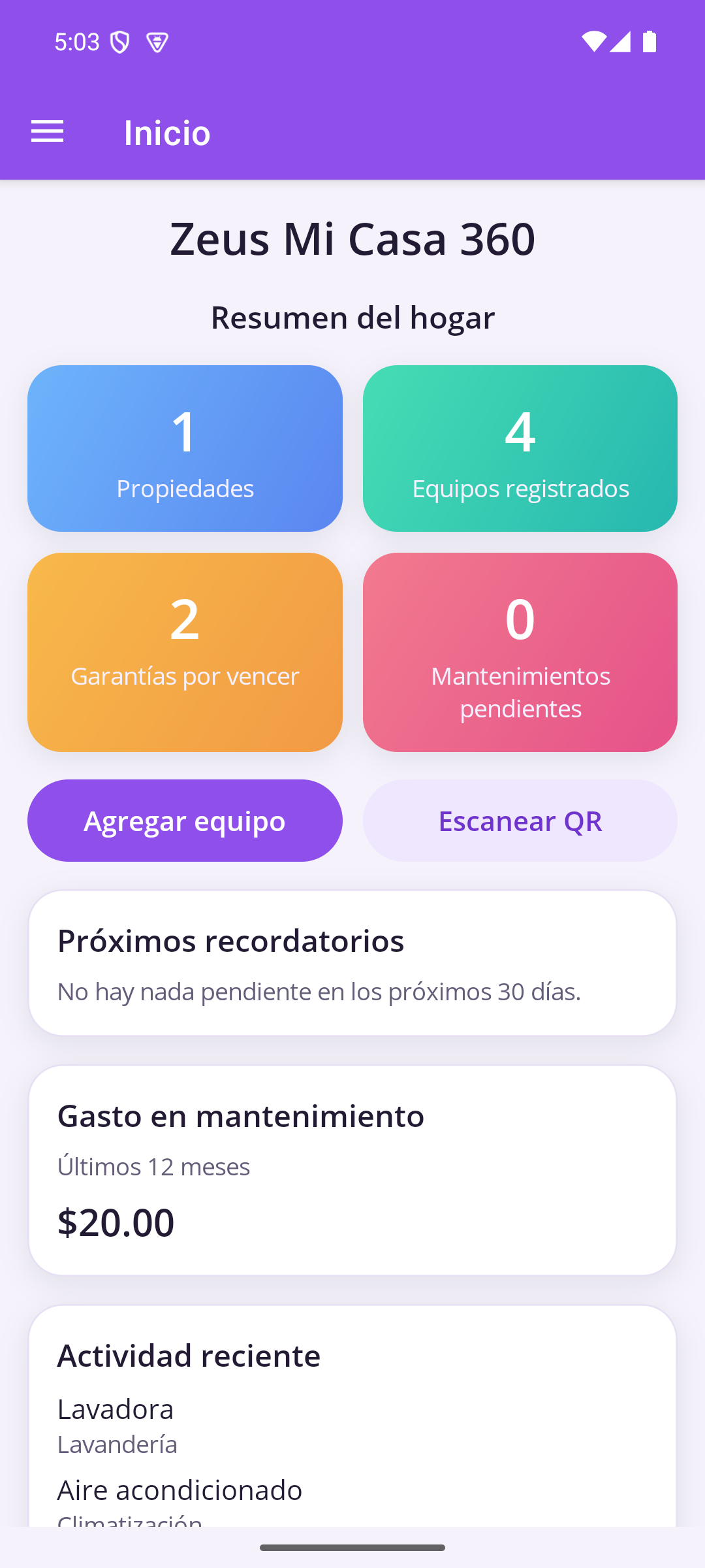 Resumen del hogar en Zeus Mi Casa 360